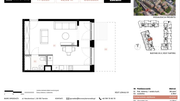 Rzut - Mieszkanie na sprzedaż 1 pokój o powierzchni 42,62 m² - numer B1.3.1 w Browary Tarnowskie etap 1