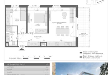 Rzut - Mieszkanie na sprzedaż 3 pokoje o powierzchni 56,47 m² - numer 16 w Unikat Apartamenty C