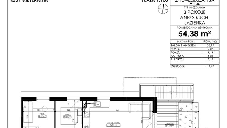 Rzut - Mieszkanie na sprzedaż 3 pokoje o powierzchni 54,38 m² - numer JAR-II-B-LM-M1 w Osiedle JAR Heweliusza etap II