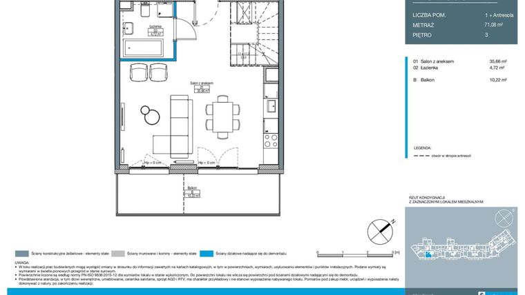 Rzut - Mieszkanie na sprzedaż 1 pokój o powierzchni 71,08 m² - numer CD0304 w Talarowa Park
