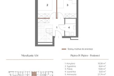 Rzut - Mieszkanie na sprzedaż 2 pokoje o powierzchni 60,36 m² - numer A34 w Dąbrowskiego 9