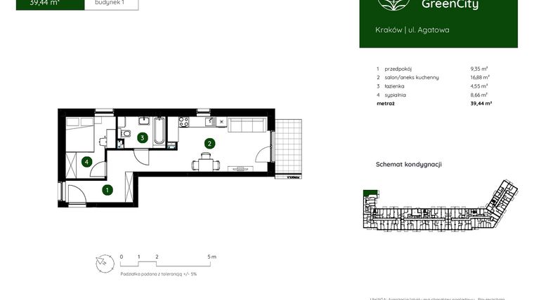 Rzut - Mieszkanie na sprzedaż 2 pokoje o powierzchni 39,44 m² - numer 1.A.0.09 w Murapol GreenCity bud. 1