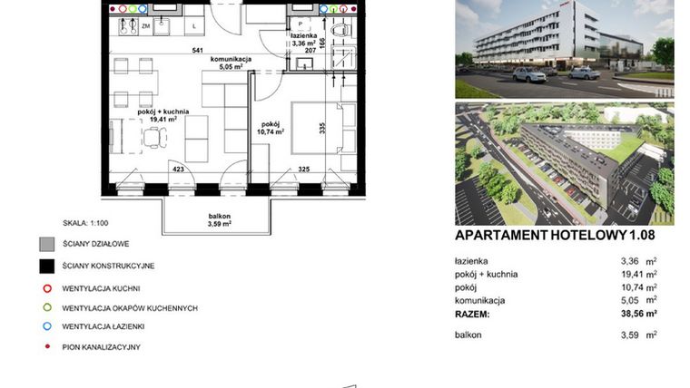 Rzut - Mieszkanie na sprzedaż 2 pokoje o powierzchni 38,4 m² - numer 108 w Apartamentowiec Zwycięska 3 - inwestycyjne