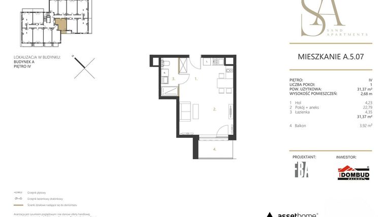 Rzut - Mieszkanie na sprzedaż 1 pokój o powierzchni 31,37 m² - numer A.5.07 w Sand Apartments