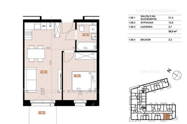 Rzut - Mieszkanie na sprzedaż 2 pokoje o powierzchni 35,5 m² - numer 106 w Szczecińska 20