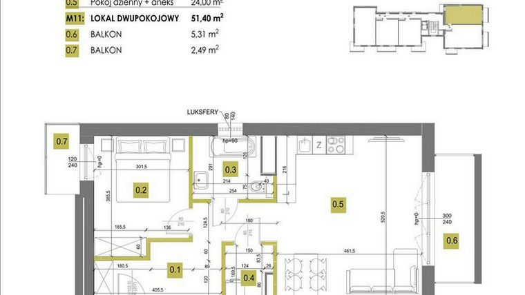 Rzut - Mieszkanie na sprzedaż 2 pokoje o powierzchni 51,4 m² - numer M11 w Mazowiecka 69