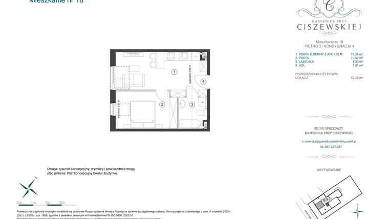 Rzut - Mieszkanie na sprzedaż 2 pokoje o powierzchni 32,49 m² - numer 18 w Kamienica przy Ciszewskiej