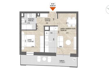 Rzut - Mieszkanie na sprzedaż 2 pokoje o powierzchni 44,08 m² - numer 25 w Apartamenty Śródmieście