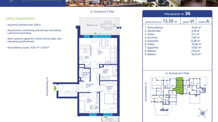 Rzut - Mieszkanie na sprzedaż 3 pokoje o powierzchni 73,59 m² - numer 36 w Rzemieślnicza 40