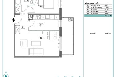 Rzut - Mieszkanie na sprzedaż 2 pokoje o powierzchni 47,4 m² - numer D.3 w Osiedle Kościuszki etap II