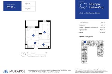 Rzut - Mieszkanie na sprzedaż 1 pokój o powierzchni 37,22 m² - numer 1.B.5.09 w Murapol UniverCity