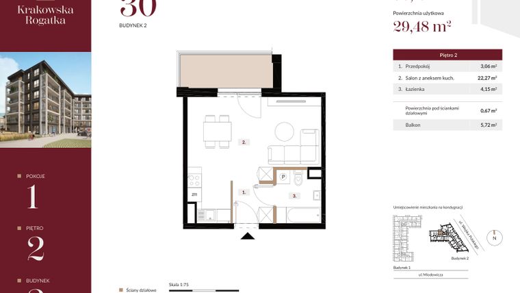 Rzut - Mieszkanie na sprzedaż 1 pokój o powierzchni 30,15 m² - numer 2.M30 w Krakowska Rogatka