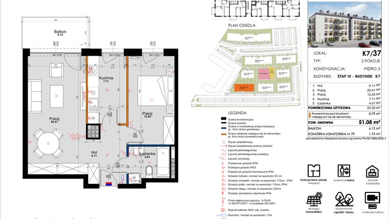 Rzut - Mieszkanie na sprzedaż 2 pokoje o powierzchni 51,08 m² - numer K7/37 w Kleszczewo Park - etap IV