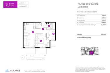 Rzut - Mieszkanie na sprzedaż 2 pokoje o powierzchni 50,72 m² - numer 27.A.2.4 w Murapol Siewierz Jeziorna bud. 27 i 28