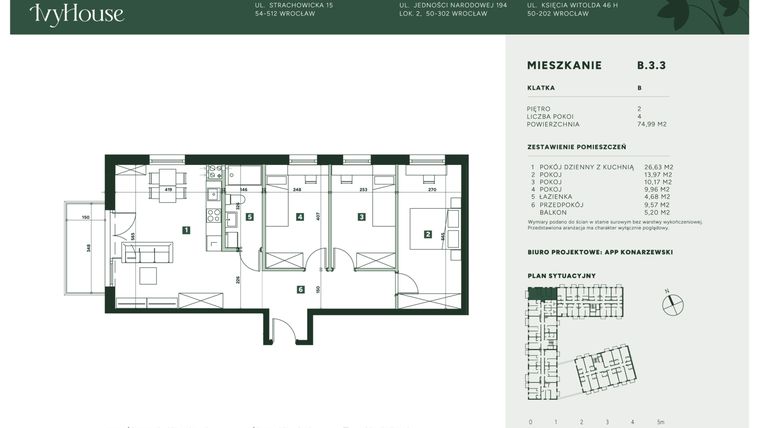Rzut - Mieszkanie na sprzedaż 4 pokoje o powierzchni 74,99 m² - numer B.3.3 w IVY HOUSE