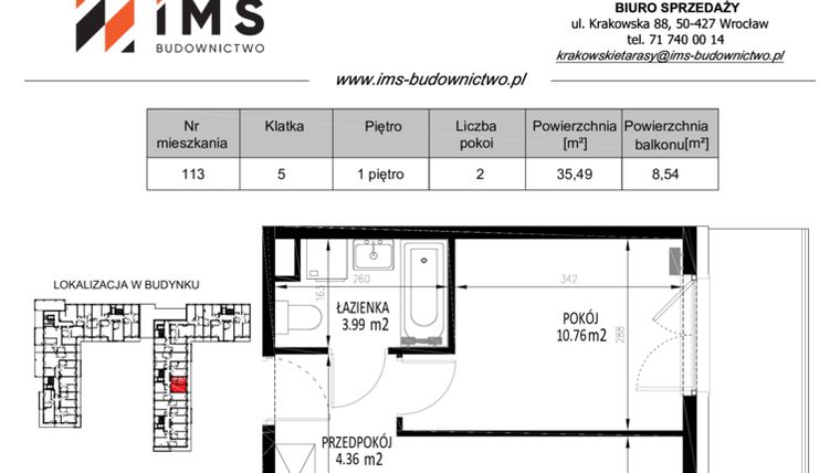 Rzut - Mieszkanie na sprzedaż 2 pokoje o powierzchni 35,5 m² - numer 113 w Krakowskie Tarasy etap V