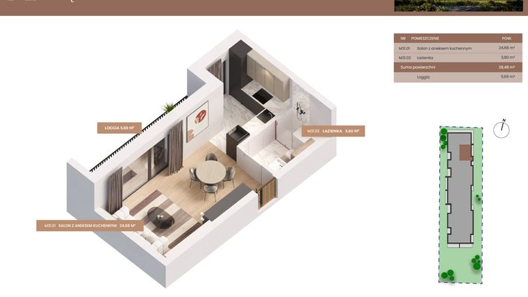 Rzut - Mieszkanie na sprzedaż 1 pokój o powierzchni 28,48 m² - numer 31 w Apartamenty Częstochowska