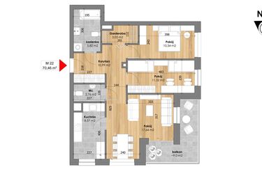 Rzut - Mieszkanie na sprzedaż 3 pokoje o powierzchni 70,46 m² - numer M22 w Przy Kochanowskiego