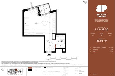 Rzut - Mieszkanie na sprzedaż 1 pokój o powierzchni 36,52 m² - numer L1.A.02.08 w Bulwary Praskie etap K i L