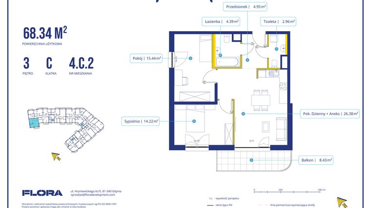 Rzut - Mieszkanie na sprzedaż 3 pokoje o powierzchni 68,34 m² - numer 4.C.2 w Piotra 4