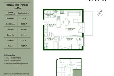 Rzut - Mieszkanie na sprzedaż 2 pokoje o powierzchni 46,27 m² - numer 18 w Bukowa etap II