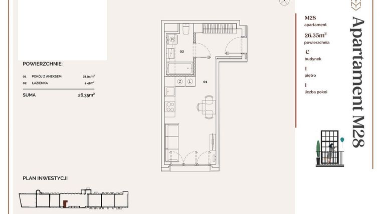 Rzut - Mieszkanie na sprzedaż 1 pokój o powierzchni 26,35 m² - numer C.28 w Młyny Mogilska