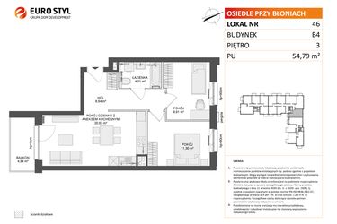 Rzut - Mieszkanie na sprzedaż 3 pokoje o powierzchni 54,63 m² - numer B4.46 w Osiedle Przy Błoniach 3 etap III