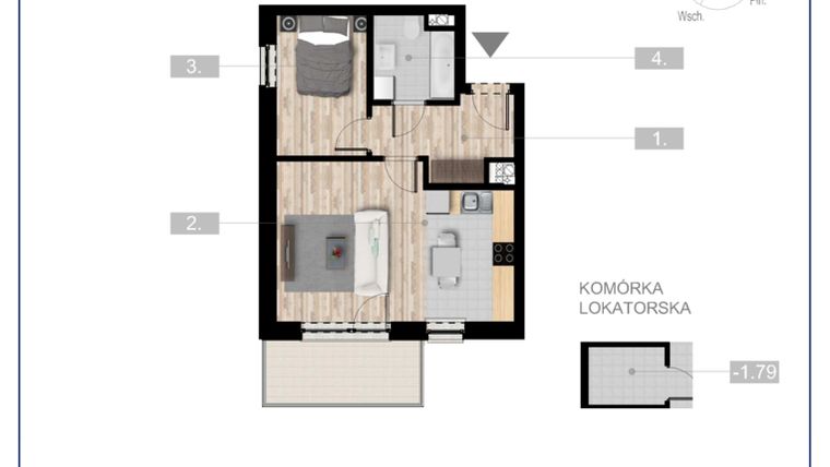 Rzut - Mieszkanie na sprzedaż 2 pokoje o powierzchni 41,47 m² - numer 27 w Szczytno Dąbrowskiego - etap 3