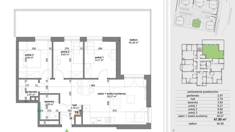 Rzut - Mieszkanie na sprzedaż 4 pokoje o powierzchni 67,57 m² - numer D.1.1 w Park Przy Stawach