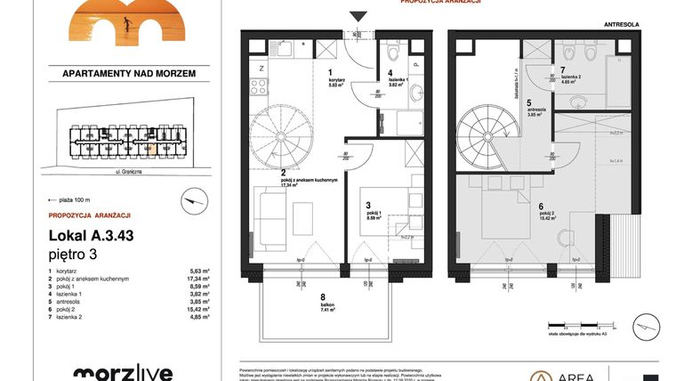 Rzut - Mieszkanie na sprzedaż 3 pokoje o powierzchni 61,22 m² - numer A.3.43 w Morzlive