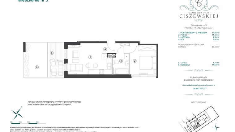 Rzut - Mieszkanie na sprzedaż 2 pokoje o powierzchni 37,43 m² - numer 3 w Kamienica przy Ciszewskiej