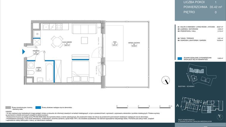 Rzut - Mieszkanie na sprzedaż 1 pokój o powierzchni 35,42 m² - numer A.2.1.2 w Meri Apartamenty