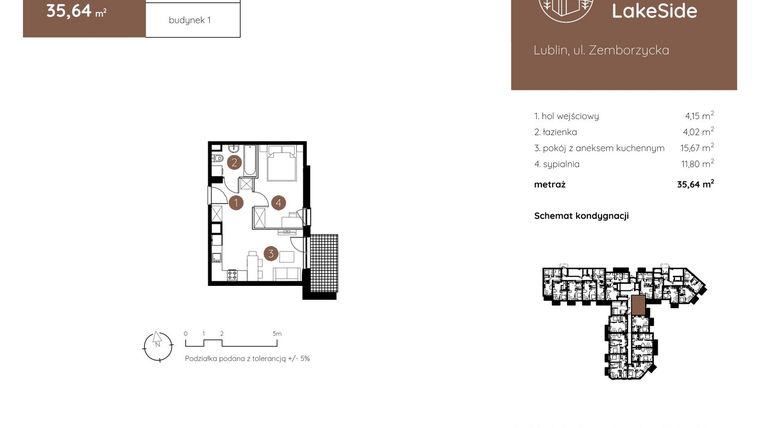 Rzut - Mieszkanie na sprzedaż 2 pokoje o powierzchni 35,64 m² - numer 1.B.0.02 w Murapol LakeSide