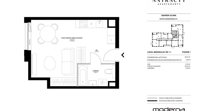 Rzut - Mieszkanie na sprzedaż 1 pokój o powierzchni 29,58 m² - numer 10 w Antracyt