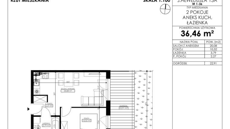 Rzut - Mieszkanie na sprzedaż 2 pokoje o powierzchni 36,46 m² - numer JAR-II-B-LM-M5 w Osiedle JAR Heweliusza etap II
