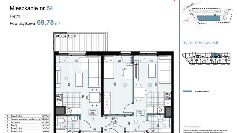 Rzut - Mieszkanie na sprzedaż 3 pokoje o powierzchni 69,78 m² - numer 54 w Medyków 32
