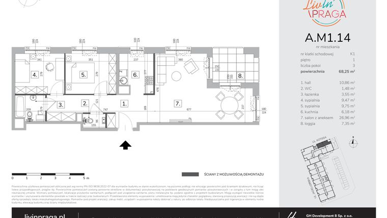 Rzut - Mieszkanie na sprzedaż 3 pokoje o powierzchni 68,4 m² - numer A.M1.14 w Livin' Praga