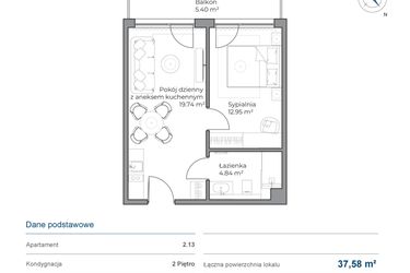 Rzut - Mieszkanie na sprzedaż 2 pokoje o powierzchni 37,58 m² - numer B.2.13 w Anchoria Holiday