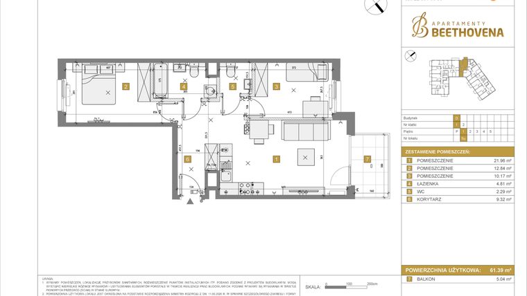 Rzut - Mieszkanie na sprzedaż 1 pokój o powierzchni 61,39 m² - numer D5 w Apartamenty Beethovena etap 2 - apartamenty inwestycyjne