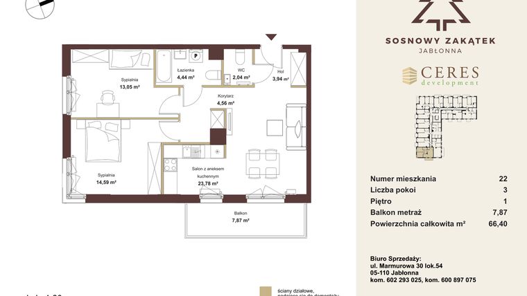 Rzut - Mieszkanie na sprzedaż 3 pokoje o powierzchni 66,4 m² - numer 22 w Sosnowy Zakątek II - budynek M