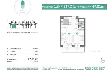 Rzut - Mieszkanie na sprzedaż 2 pokoje o powierzchni 47,81 m² - numer 03.1.3 w Port Jastarnia bud. 02, 03