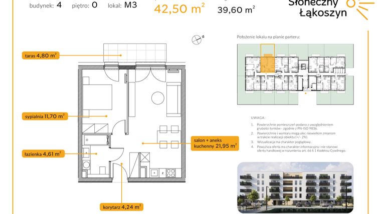 Rzut - Mieszkanie na sprzedaż 2 pokoje o powierzchni 42,5 m² - numer 4/M/0/3 w Osiedle Słoneczny Łąkoszyn bud. 4
