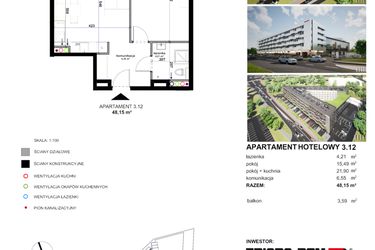 Rzut - Mieszkanie na sprzedaż 2 pokoje o powierzchni 48,03 m² - numer 3.12 w Apartamentowiec Zwycięska 3 - inwestycyjne