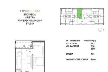 Rzut - Mieszkanie na sprzedaż 1 pokój o powierzchni 56,05 m² - numer M2B.P4 w Apartamenty Żorska