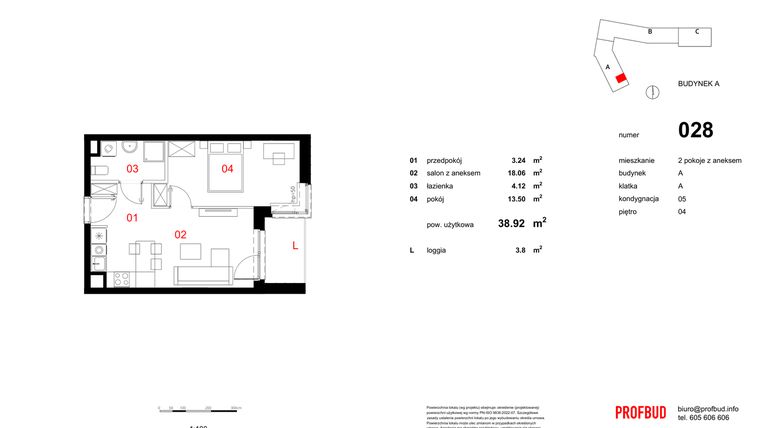 Rzut - Mieszkanie na sprzedaż 2 pokoje o powierzchni 38,92 m² - numer 028 w Osiedle Mocha Tower