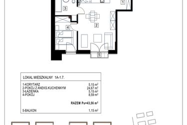 Rzut - Mieszkanie na sprzedaż 2 pokoje o powierzchni 43,56 m² - numer 1A-1.7 w Gardenia Pogodno