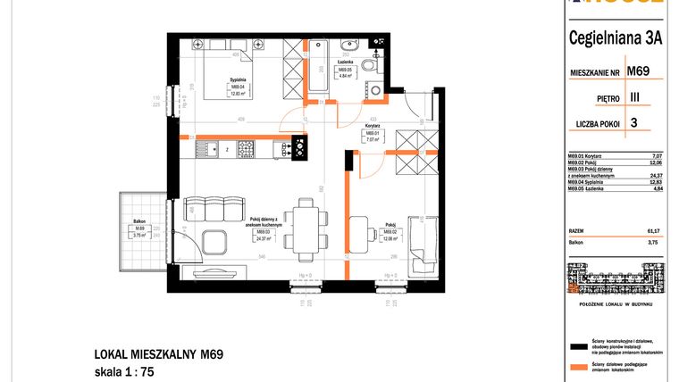 Rzut - Mieszkanie na sprzedaż 3 pokoje o powierzchni 61,17 m² - numer 69 w Osiedle StaLove etap II