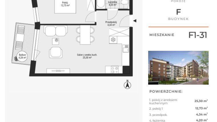 Rzut - Mieszkanie na sprzedaż 2 pokoje o powierzchni 46,57 m² - numer F1-31 w Na Koszutce II