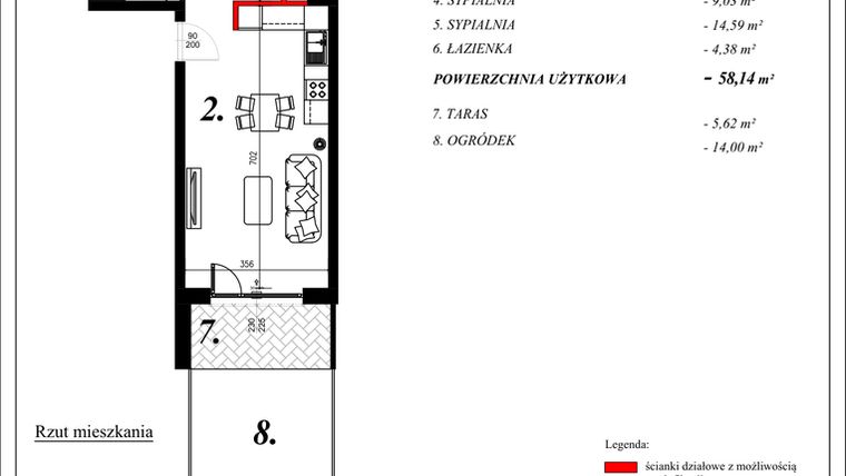 Rzut - Mieszkanie na sprzedaż 3 pokoje o powierzchni 58,14 m² - numer 16 w Enklawa Milanówek