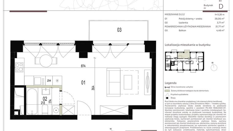 Rzut - Mieszkanie na sprzedaż 1 pokój o powierzchni 31,77 m² - numer D.2.2 w Nowa Stawowa